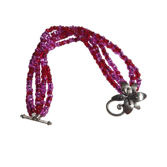Beaded Bracelet Vintage Red Pink Glass Silver Flower Clasp Handmade Jewelry - Picture 4 of 5